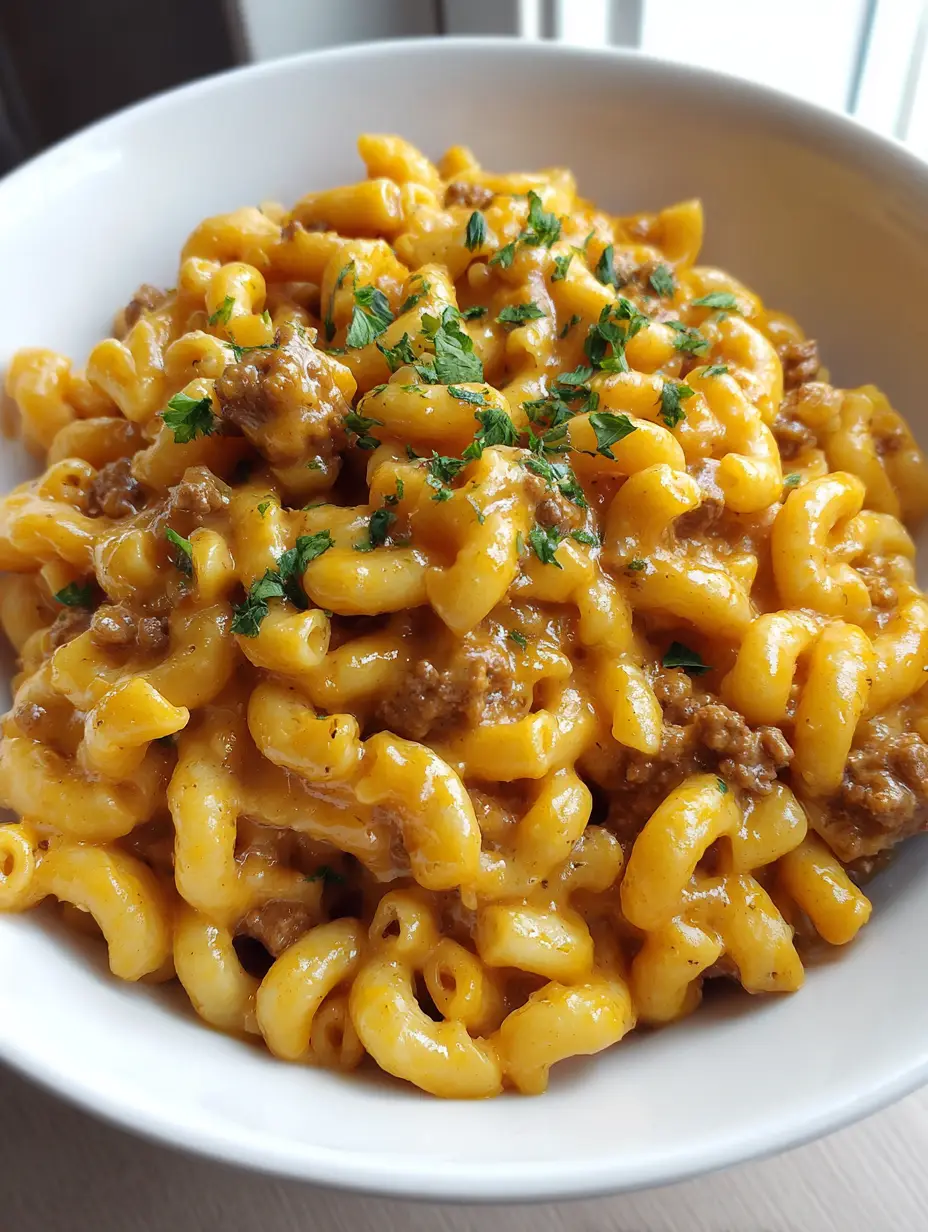 Close-up of Homemade Hamburger Helper showing the velvety texture of the orange cheddar sauce and al dente elbow macaroni.