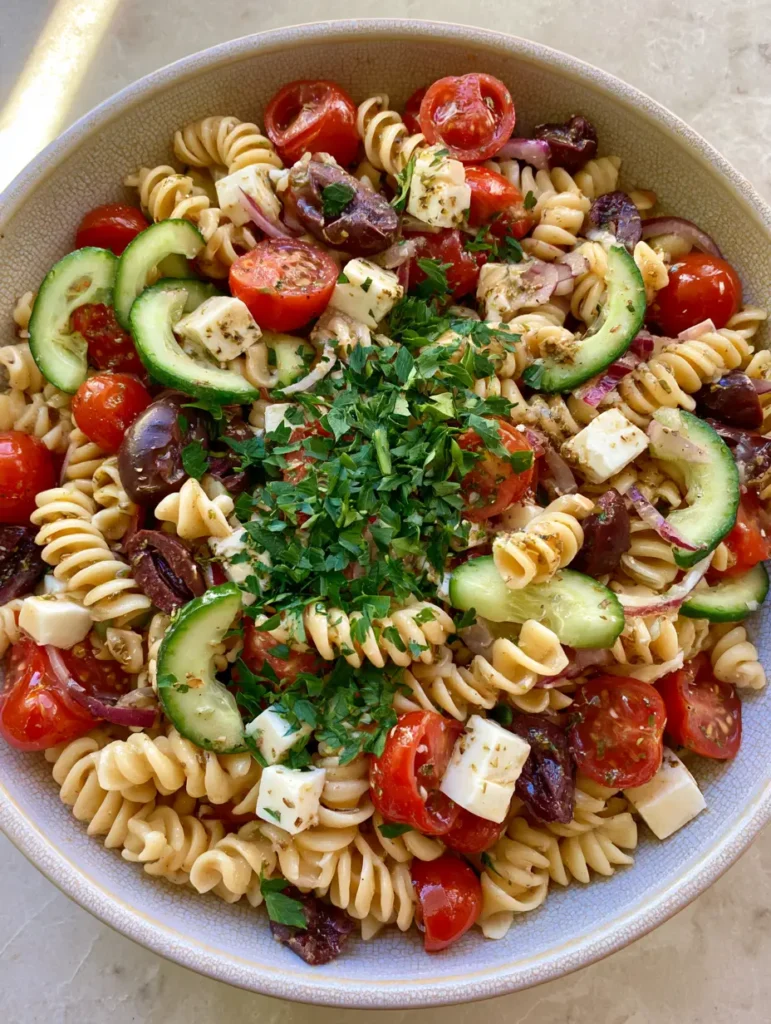 Mediterranean Pasta Salad with Zesty Lemon-Herb Vinaigrette 1 Mediterranean Pasta Salad featuring sliced cucumbers, halved kalamata olives, and cubes of white feta cheese. (Mediterranean Pasta Salad)