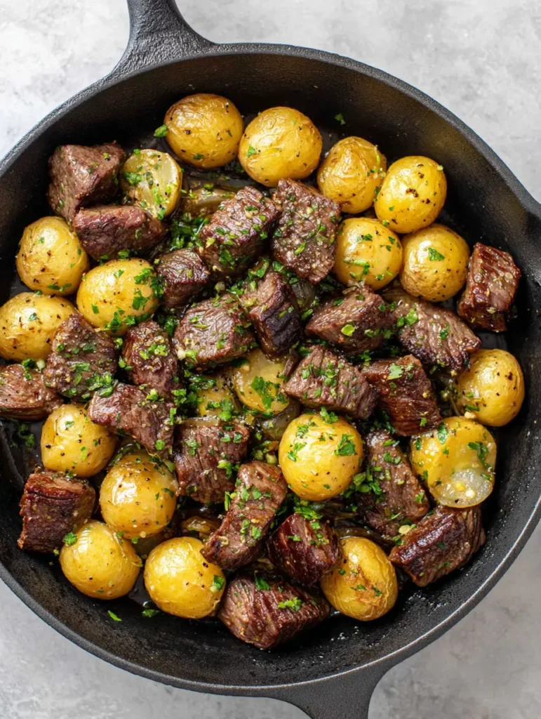 Top-down view of a cast iron skillet showcasing steak bites, roasted potatoes, and fresh parsley garnish.