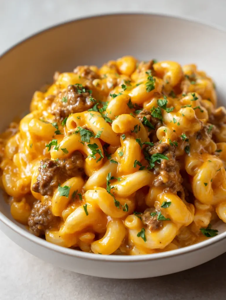 A white ceramic bowl filled with Homemade Hamburger Helper, topped with finely chopped parsley under natural lighting.