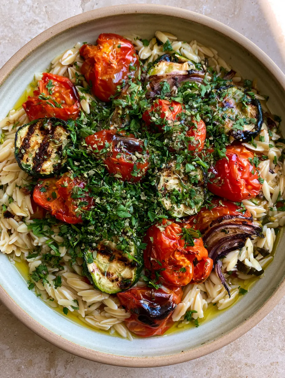 Close-up of charred zucchini half-moons and blistered cherry tomatoes mixed with orzo. (Roasted Vegetable Orzo Salad)