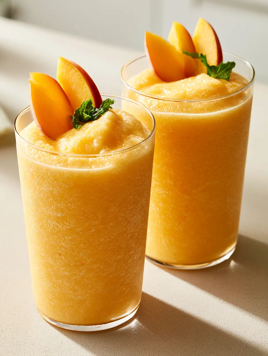 Frozen Peach Smoothie: The Ultimate Frosty and Creamy Summer Refreshment 3 Two tall glass tumblers filled with a pale orange Frozen Peach Smoothie featuring a dense frosty texture and matte finish.