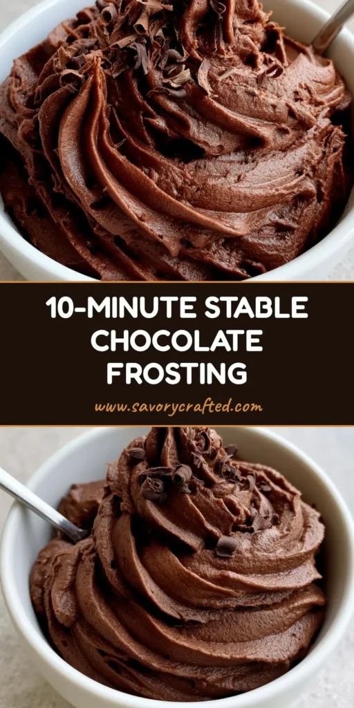 Chocolate Pudding Frosting: A Dense and Velvety Masterpiece 3 Thick piped swirls of Chocolate Pudding Frosting in a white bowl with a silver spoon and chocolate shavings.
