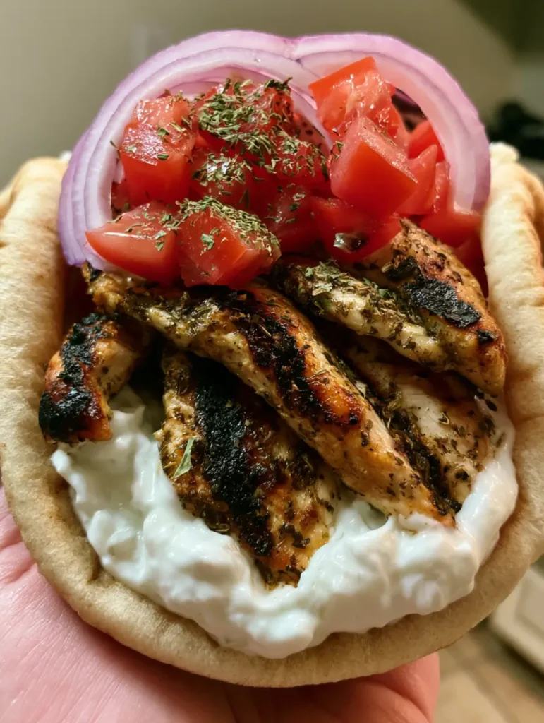 A soft warm pita bread folded around grilled chicken and creamy tzatziki sauce with dried herbs. (Greek Chicken Gyros)