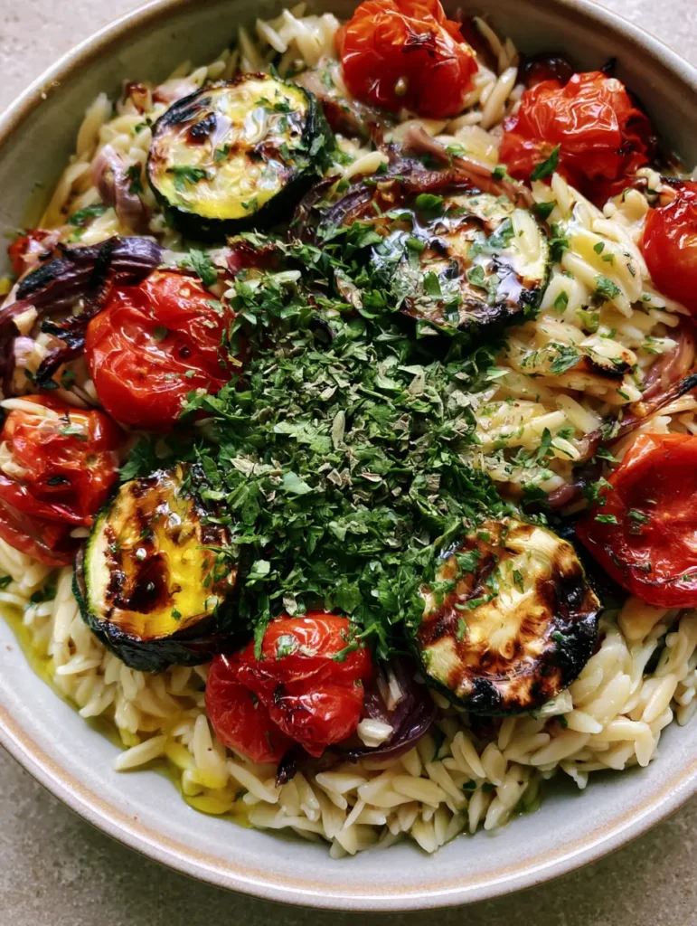 Roasted red onion slivers and fresh parsley garnishing a glossy orzo salad. (Roasted Vegetable Orzo Salad)