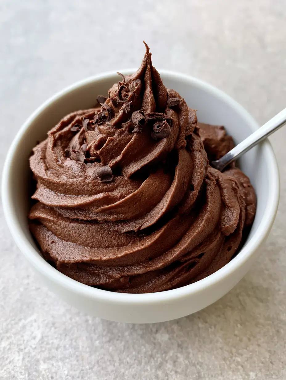 Chocolate Pudding Frosting: A Dense and Velvety Masterpiece 4 A small white ceramic bowl filled with thick piped swirls of dark Chocolate Pudding Frosting on a stone surface.