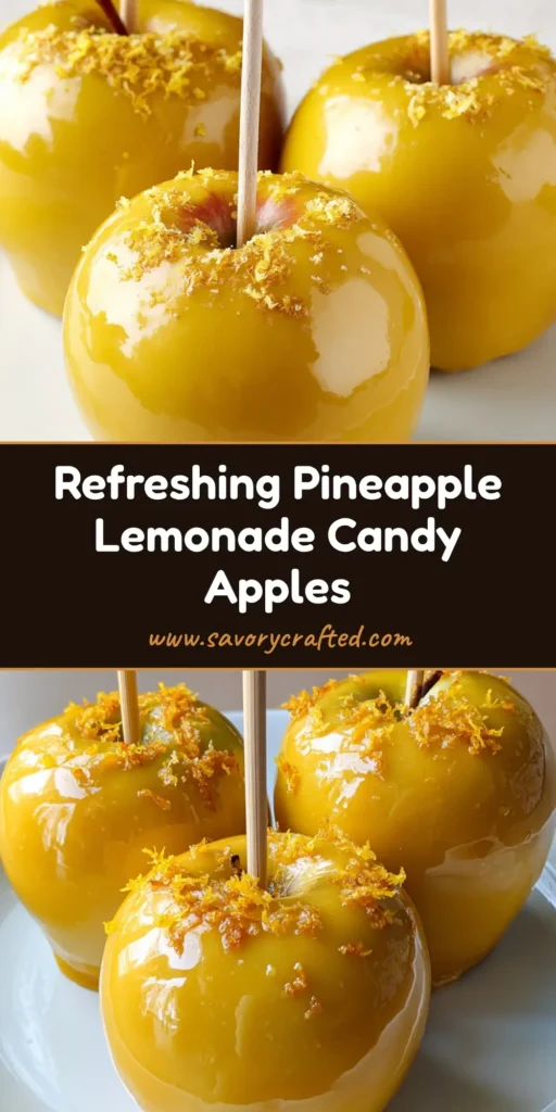 Pineapple Lemonade Candy Apples: A Vibrant Citrus Summer Treat 4 Three Granny Smith Pineapple Lemonade Candy Apples with vibrant yellow gloss glaze and lemon zest on a white plate.