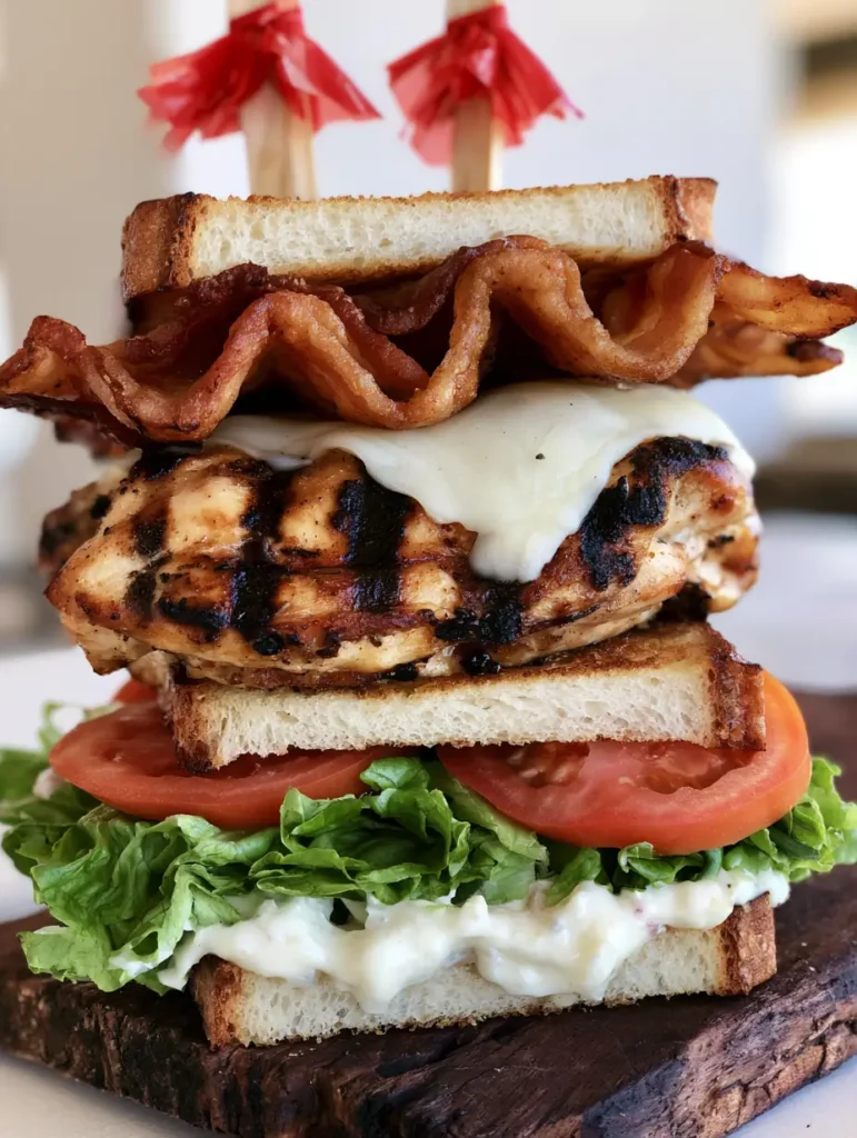 Loaded Chicken Club Sandwich with Garlic Aioli and Melted Provolone 2 Close up of a Loaded Chicken Club Sandwich featuring thick sourdough bread, dark charred grilled chicken, and fresh green leaf lettuce.