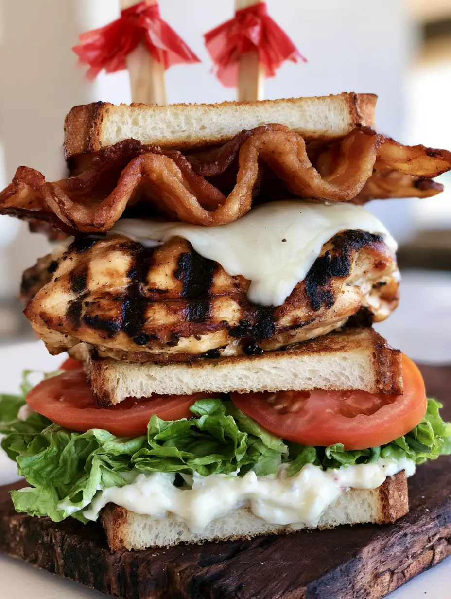 Loaded Chicken Club Sandwich with Garlic Aioli and Melted Provolone 4 Close up of a Loaded Chicken Club Sandwich featuring thick sourdough bread, dark charred grilled chicken, and fresh green leaf lettuce.