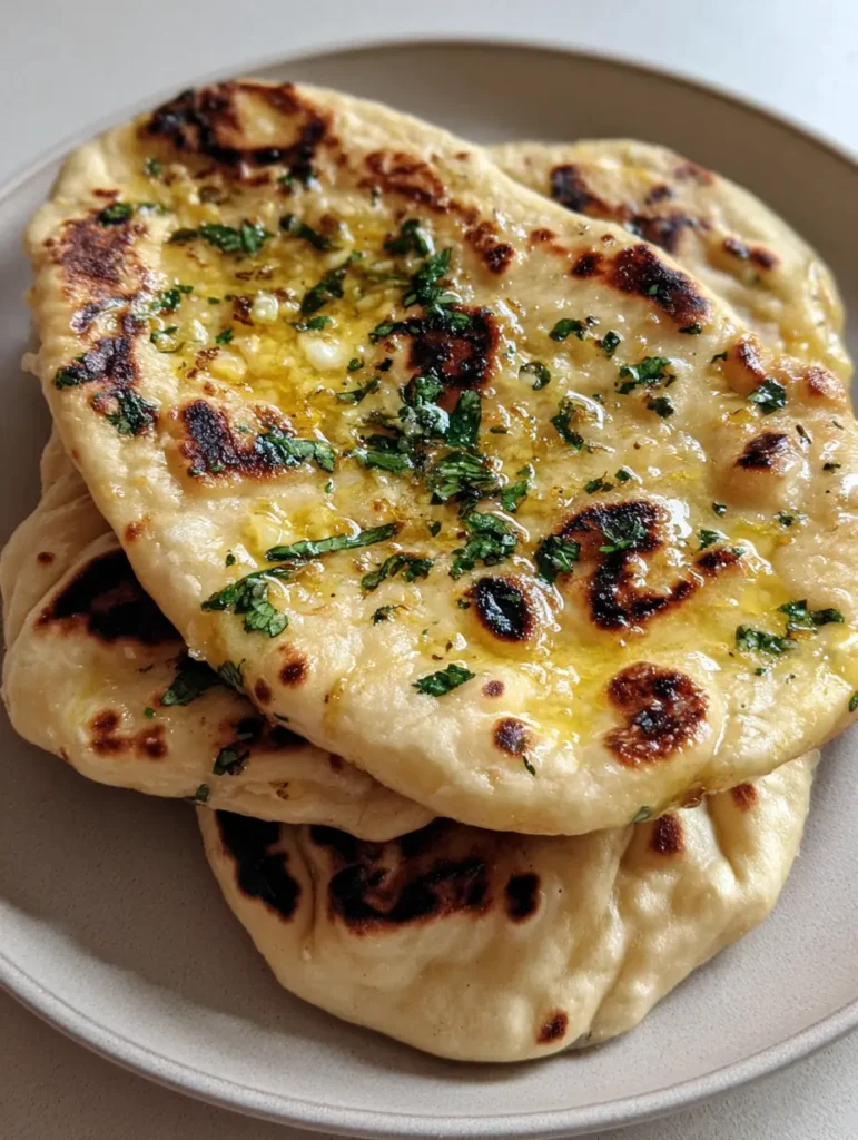 Garlic Naan Bread Recipe: The Ultimate Pillowy, Charred Flatbread Guide 1 A stack of three pieces of garlic naan bread showing distinct dark brown charred blister marks.