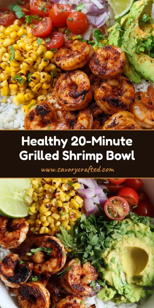 Grilled Shrimp Bowl with Charred Corn and Zesty Avocado 4 A round white bowl containing a Grilled Shrimp Bowl with steaming rice, charred corn, and avocado on a stone background.