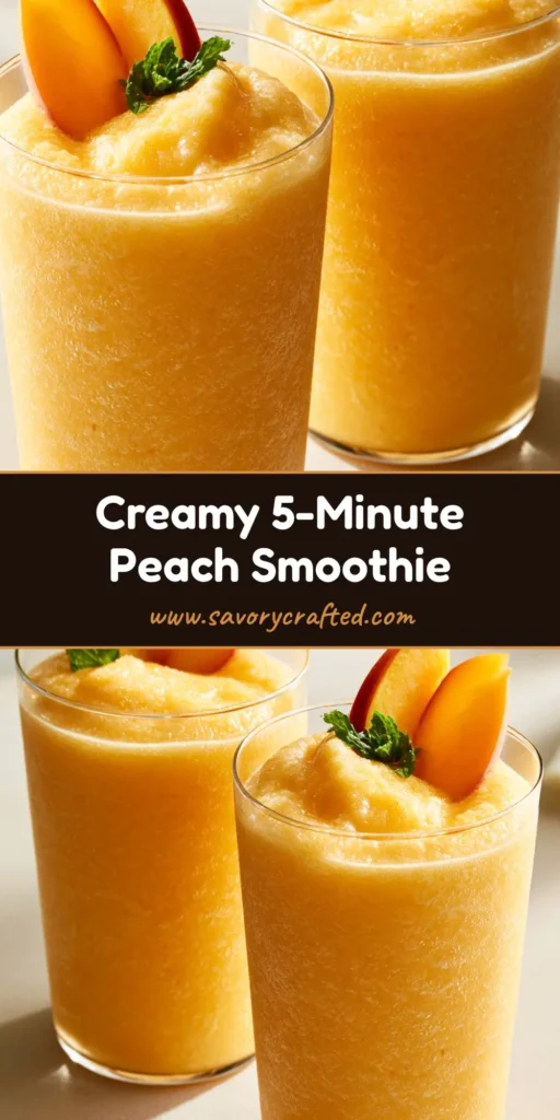 Frozen Peach Smoothie: The Ultimate Frosty and Creamy Summer Refreshment 4 A tall glass of Frozen Peach Smoothie with a thick matte texture, topped with fanned peach slices and fresh mint on a sunlit kitchen counter.