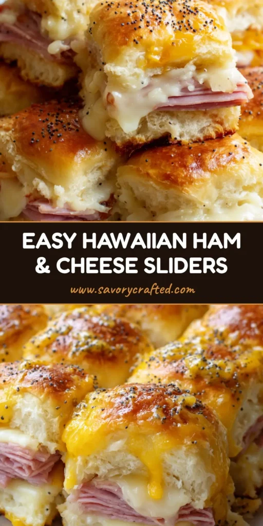 Hawaiian Ham and Cheese Sliders with Buttery Dijon Poppy Seed Glaze 4 A platter of baked Hawaiian Ham and Cheese Sliders with melted Swiss cheese and a glossy poppy seed glaze.