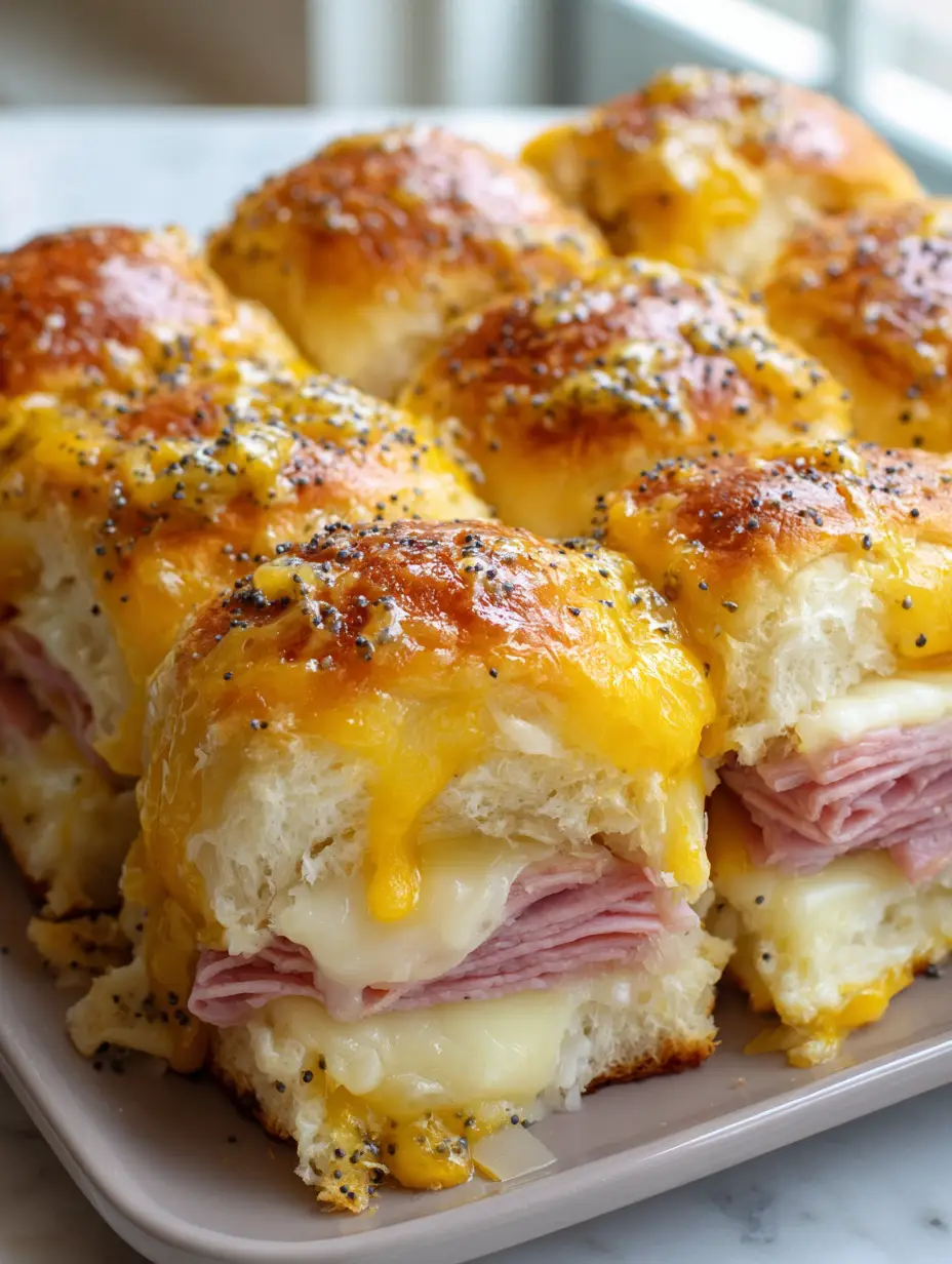 Hawaiian Ham and Cheese Sliders with Buttery Dijon Poppy Seed Glaze 3 Handheld smartphone photo of a platter of baked Hawaiian Ham and Cheese Sliders showing bubbly cheese and toasted tops.