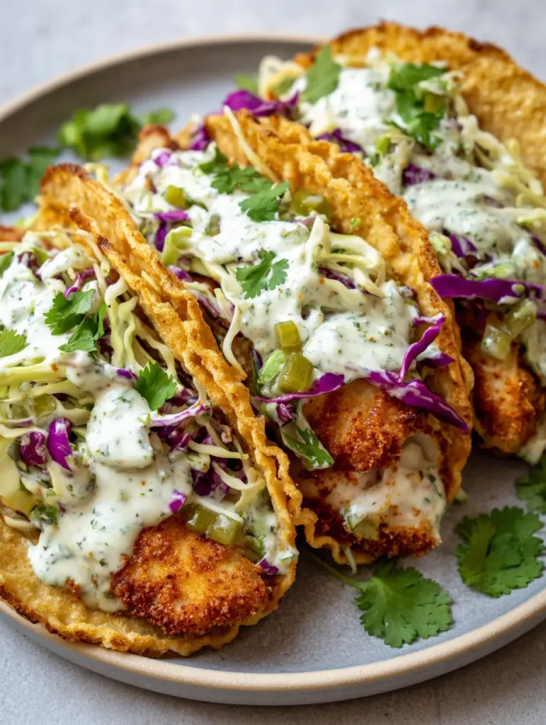 Three tacos lined up on a grey plate featuring crispy chicken and thick dill ranch sauce.