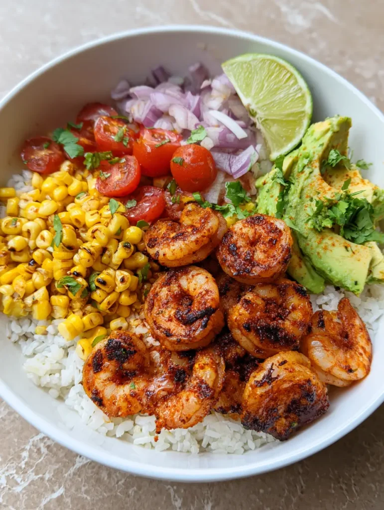 Grilled Shrimp Bowl with Charred Corn and Zesty Avocado 1 Side view of a Grilled Shrimp Bowl highlighting the charred corn kernels and steaming white rice.
