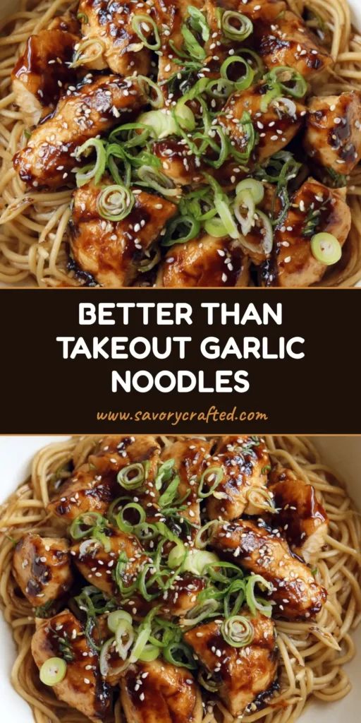 Sticky Garlic Chicken Noodles with a Glossy Soy Glaze 4 A top-down view of Sticky Garlic Chicken Noodles in a white bowl, showing glossy amber sauce, seared chicken, and green scallion garnish.