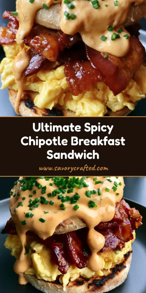 Chipotle Breakfast Sandwich: The Ultimate Gourmet Sourdough Recipe 4 A towering Chipotle Breakfast Sandwich on a dark plate featuring crispy bacon, soft yellow scrambled eggs, and a heavy drizzle of orange chipotle sauce.