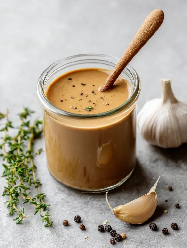 Creamy Balsamic Dressing: The Ultimate Velvety Vinaigrette Recipe 2 A close-up of Creamy Balsamic Dressing in a clear glass jar on a rustic stone surface with garlic and peppercorns.