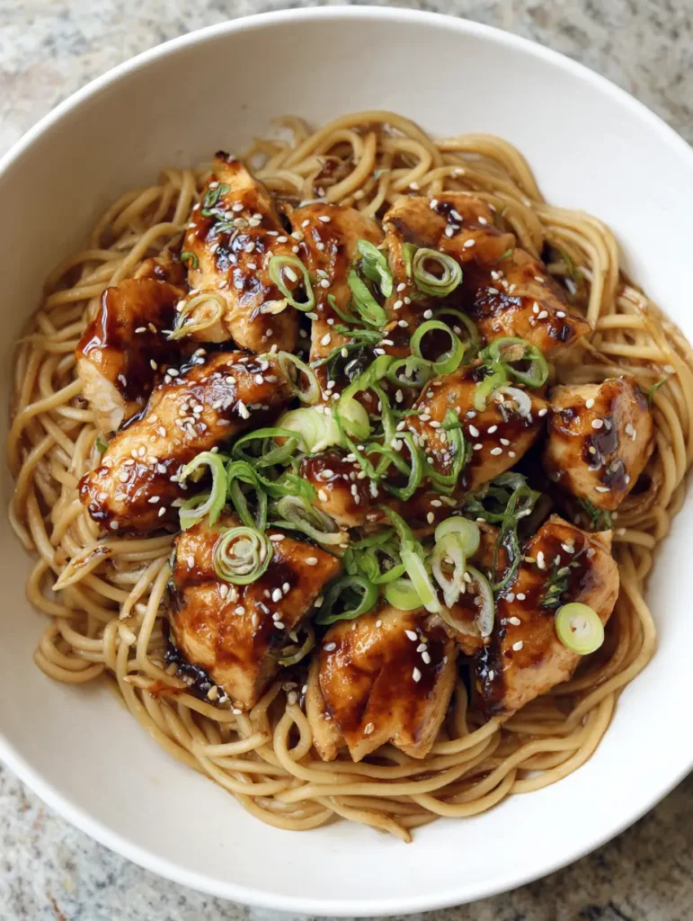 Sticky Garlic Chicken Noodles with a Glossy Soy Glaze 2 Close up of thick wheat noodles coated in a dark garlic soy glaze with golden chicken chunks. (Sticky Garlic Chicken Noodles)