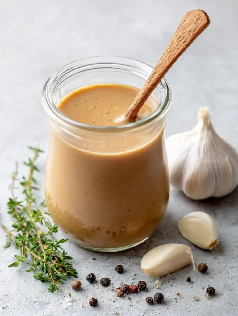 Creamy Balsamic Dressing: The Ultimate Velvety Vinaigrette Recipe 1 Homemade Creamy Balsamic Dressing served in a glass jar with a small wooden spoon.