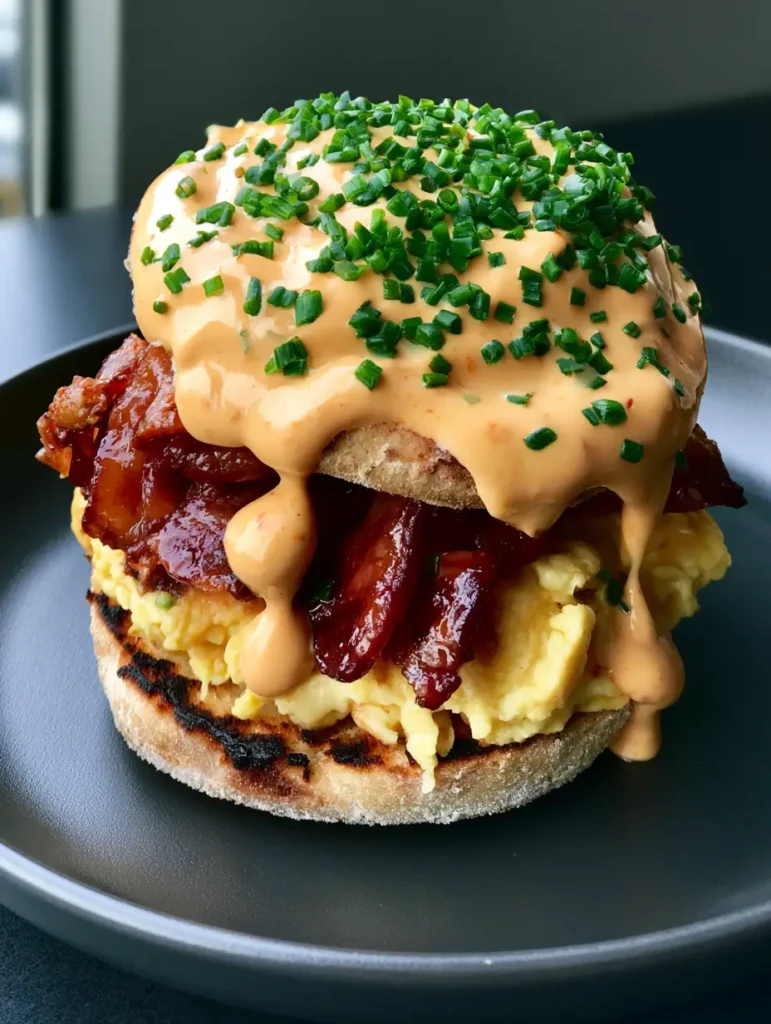 Chipotle Breakfast Sandwich: The Ultimate Gourmet Sourdough Recipe 1 A handheld-style photo of a Chipotle Breakfast Sandwich on a dark matte plate with soft side lighting.