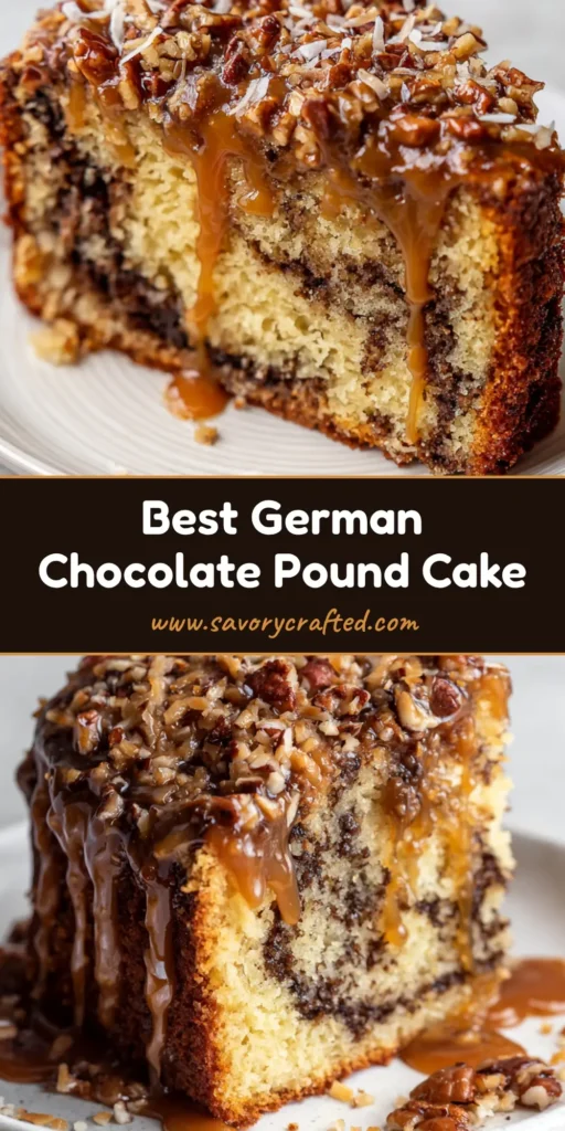 German Chocolate Pound Cake with Decadent Coconut Pecan Glaze 3 A tall slice of German Chocolate Pound Cake on a white plate featuring a thick coconut pecan glaze and dark chocolate marbling.