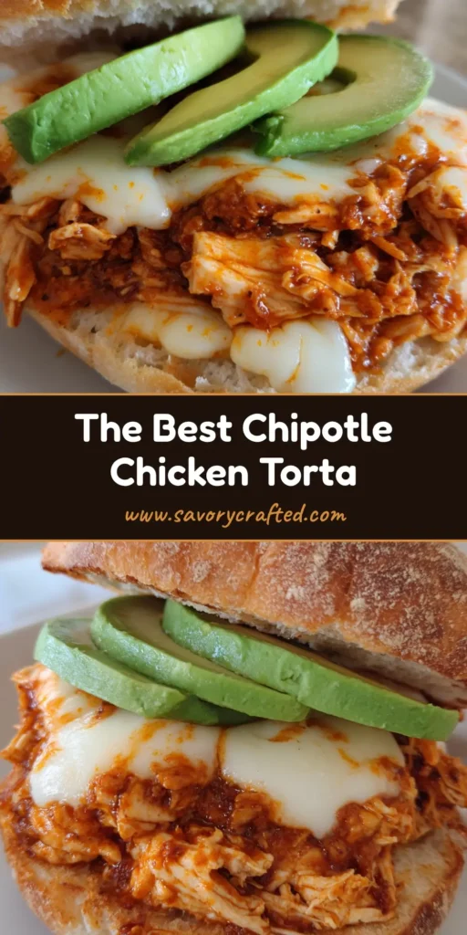 Close-up of a Chipotle Chicken Torta with shredded chicken, glossy adobo sauce, and fanned avocado slices on a toasted bolillo.