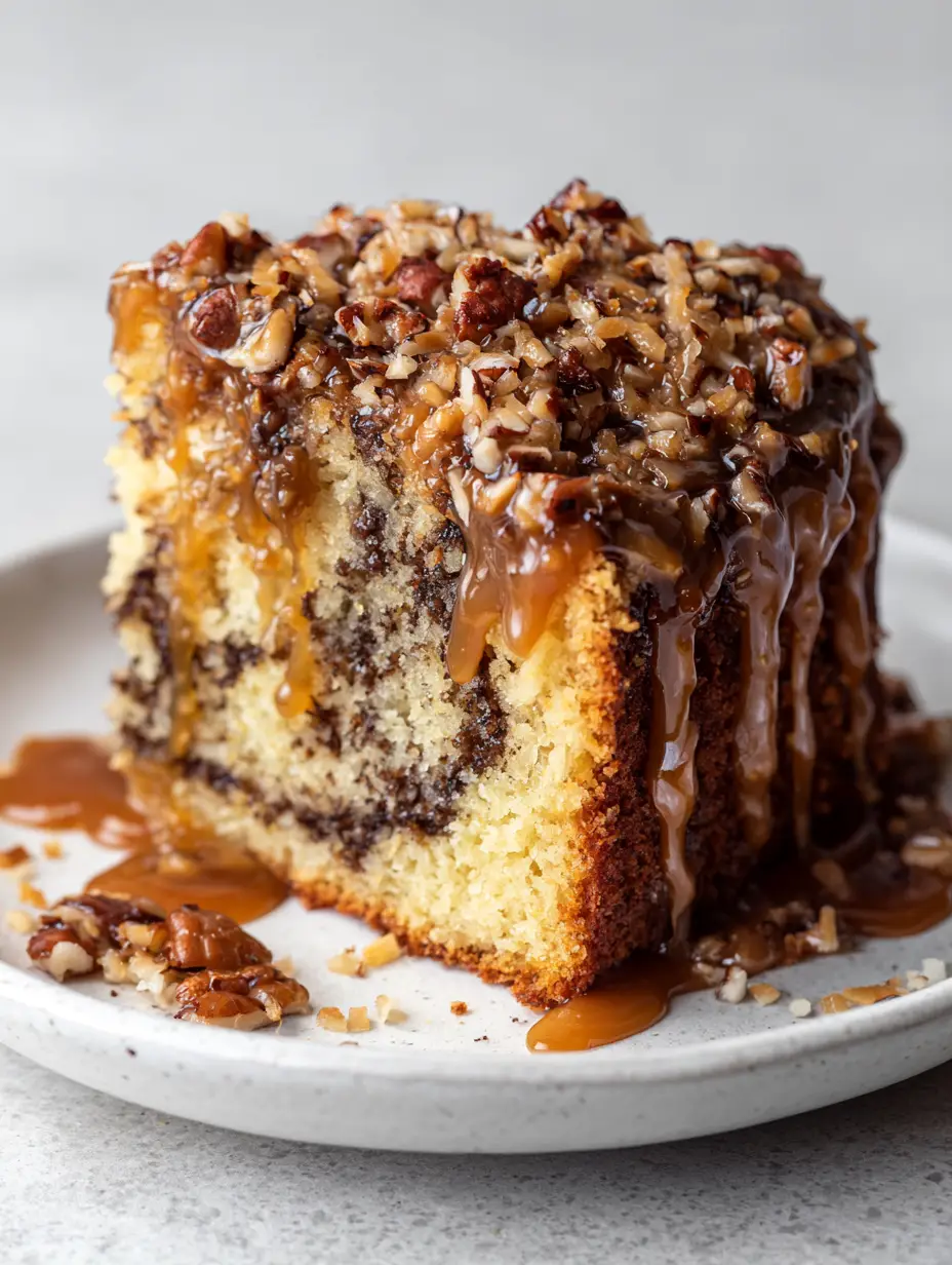 German Chocolate Pound Cake with Decadent Coconut Pecan Glaze 4 Close-up of a marbled German Chocolate Pound Cake slice with slow-dripping caramel glaze on a grey stone countertop.