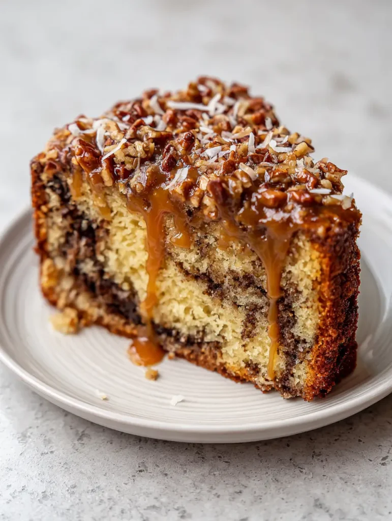 German Chocolate Pound Cake with Decadent Coconut Pecan Glaze 1 Overhead view of a German Chocolate Pound Cake showing the dense buttery crumb and thick pecan coconut topping.