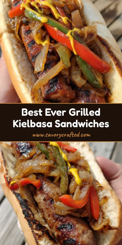 A handheld Grilled Kielbasa Sandwich with charred marks, caramelized onions, and blistered peppers on a toasted bun over a wooden table.