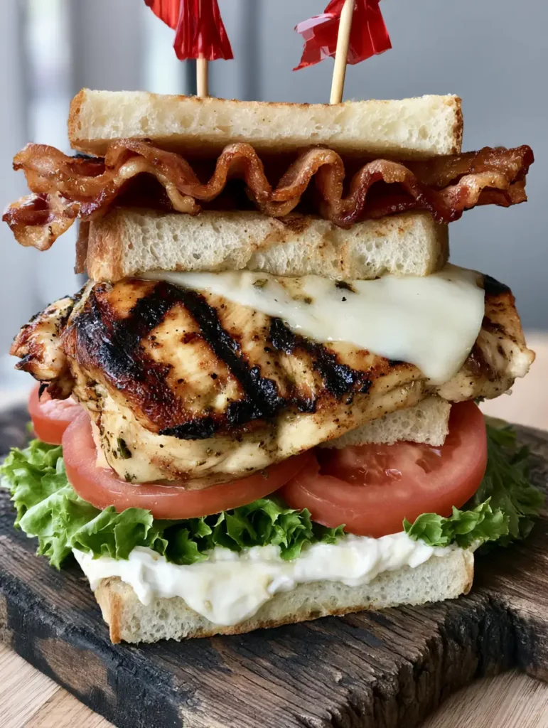 Loaded Chicken Club Sandwich with Garlic Aioli and Melted Provolone 1 Side view of a triple-decker chicken club sandwich showing the layers of melted provolone, juicy red tomatoes, and creamy garlic aioli.