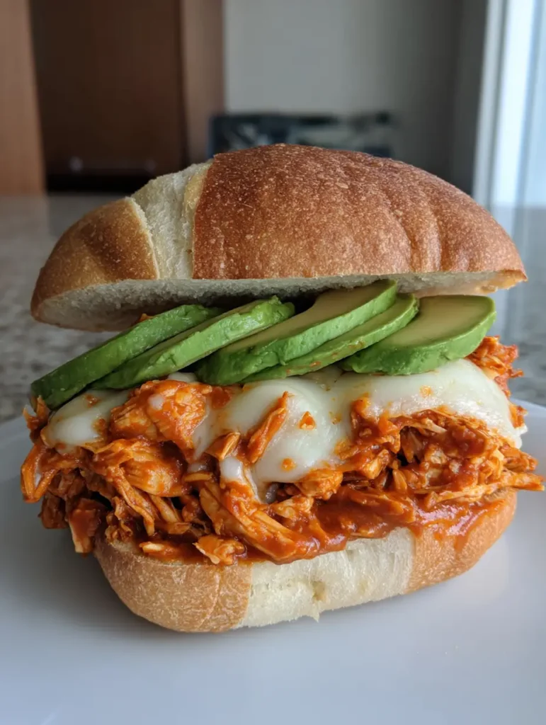 Detailed shot of melted Oaxaca cheese with toasted brown spots on a Chipotle Chicken Torta.
