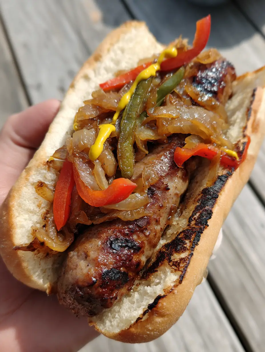 Close up shot of a Grilled Kielbasa Sandwich showing juicy beef sausage and a bright yellow mustard drizzle.