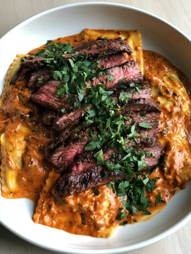 Steak and Mushroom Ravioli with a Creamy Tomato Herb Sauce 1 Overhead view of Steak and Mushroom Ravioli in a white bowl showing the heavy sprinkle of fresh parsley garnish.