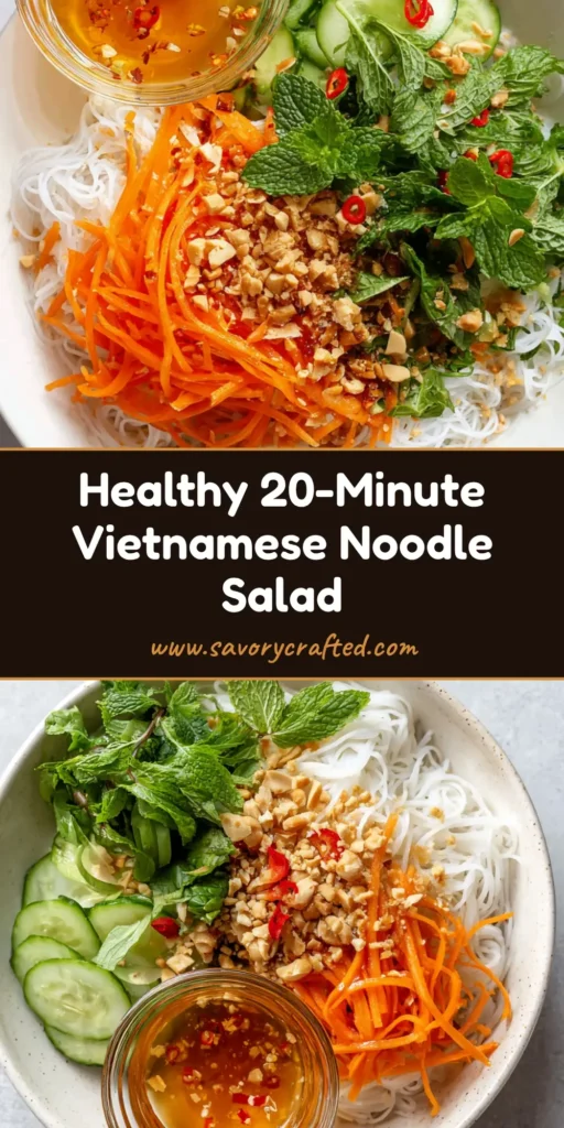 Vietnamese Noodle Salad with Zesty Nuoc Cham and Fresh Herbs 3 A top-down view of a Vietnamese Noodle Salad in a white ceramic bowl featuring rice vermicelli, julienned carrots, and fresh mint with amber sauce.