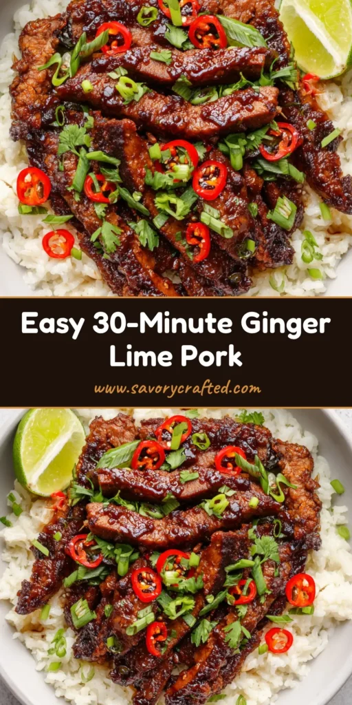 Ginger Lime Pork with Sticky Dark Amber Glaze and Creamy Coconut Rice 4 A close-up of Ginger Lime Pork strips with a sticky dark amber glaze over fluffy coconut rice, garnished with red chilies and cilantro.