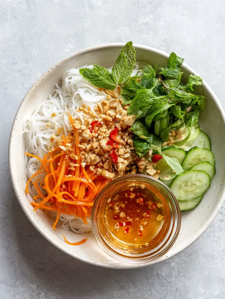 Vietnamese Noodle Salad with Zesty Nuoc Cham and Fresh Herbs 1 Authentic Vietnamese Noodle Salad bowl with fresh herbs, crushed peanuts, and julienned carrots against a neutral background.