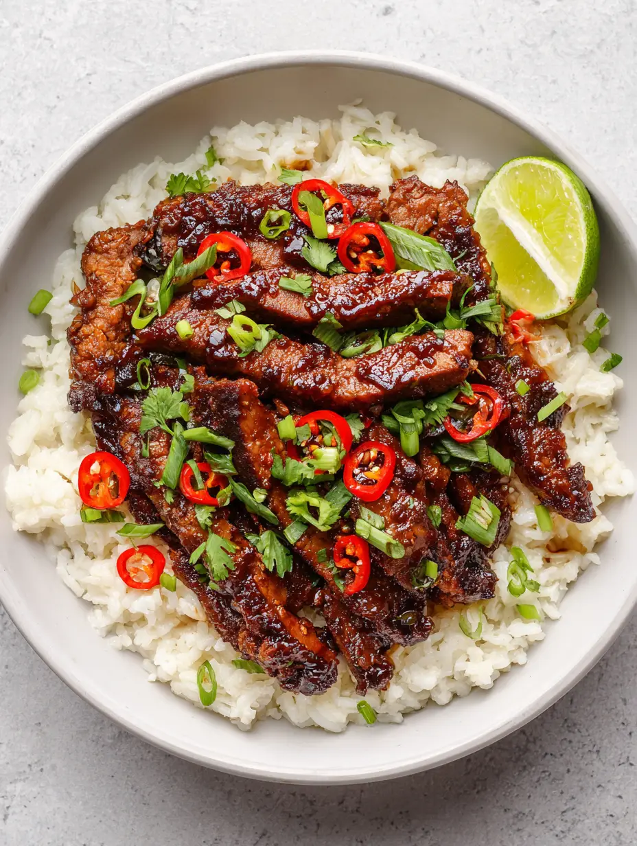 Ginger Lime Pork with Sticky Dark Amber Glaze and Creamy Coconut Rice 3 Overhead view of Ginger Lime Pork in a white ceramic bowl showing the caramelized edges of the pork and creamy coconut rice.