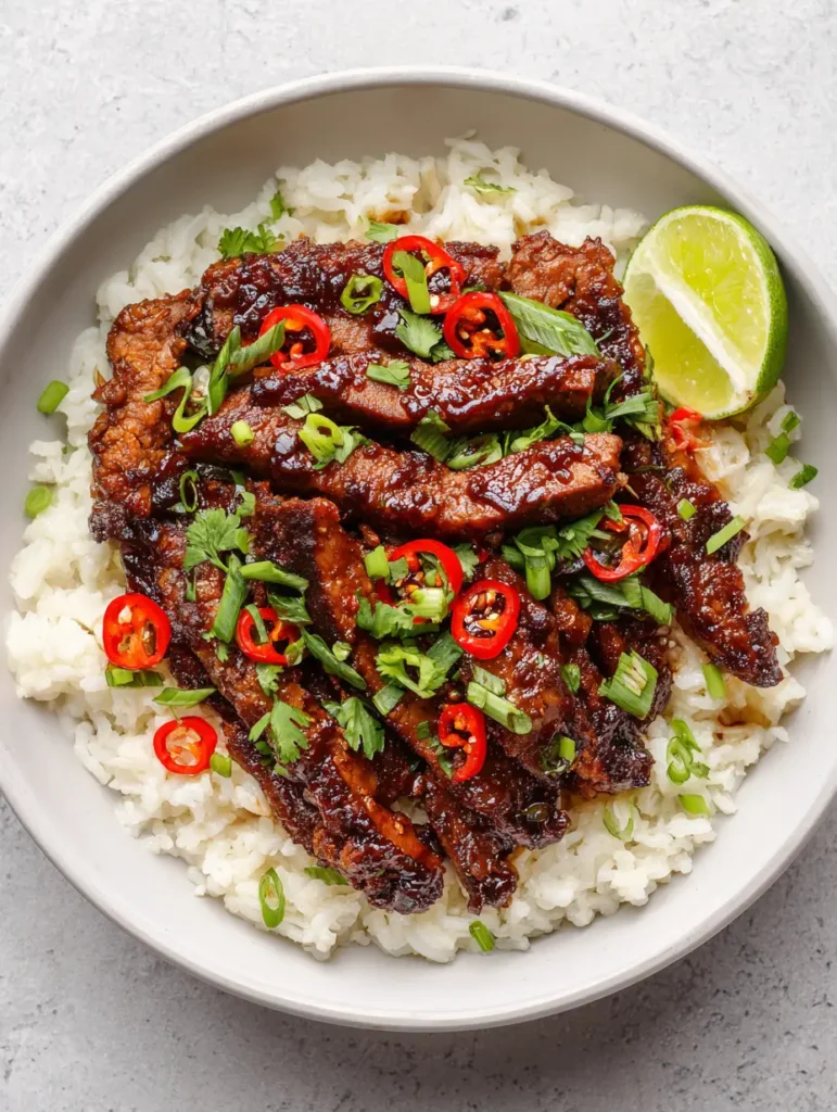 Ginger Lime Pork with Sticky Dark Amber Glaze and Creamy Coconut Rice 1 A detailed shot of the garnish on the Ginger Lime Pork including sliced red chilies and fresh lime wedges.