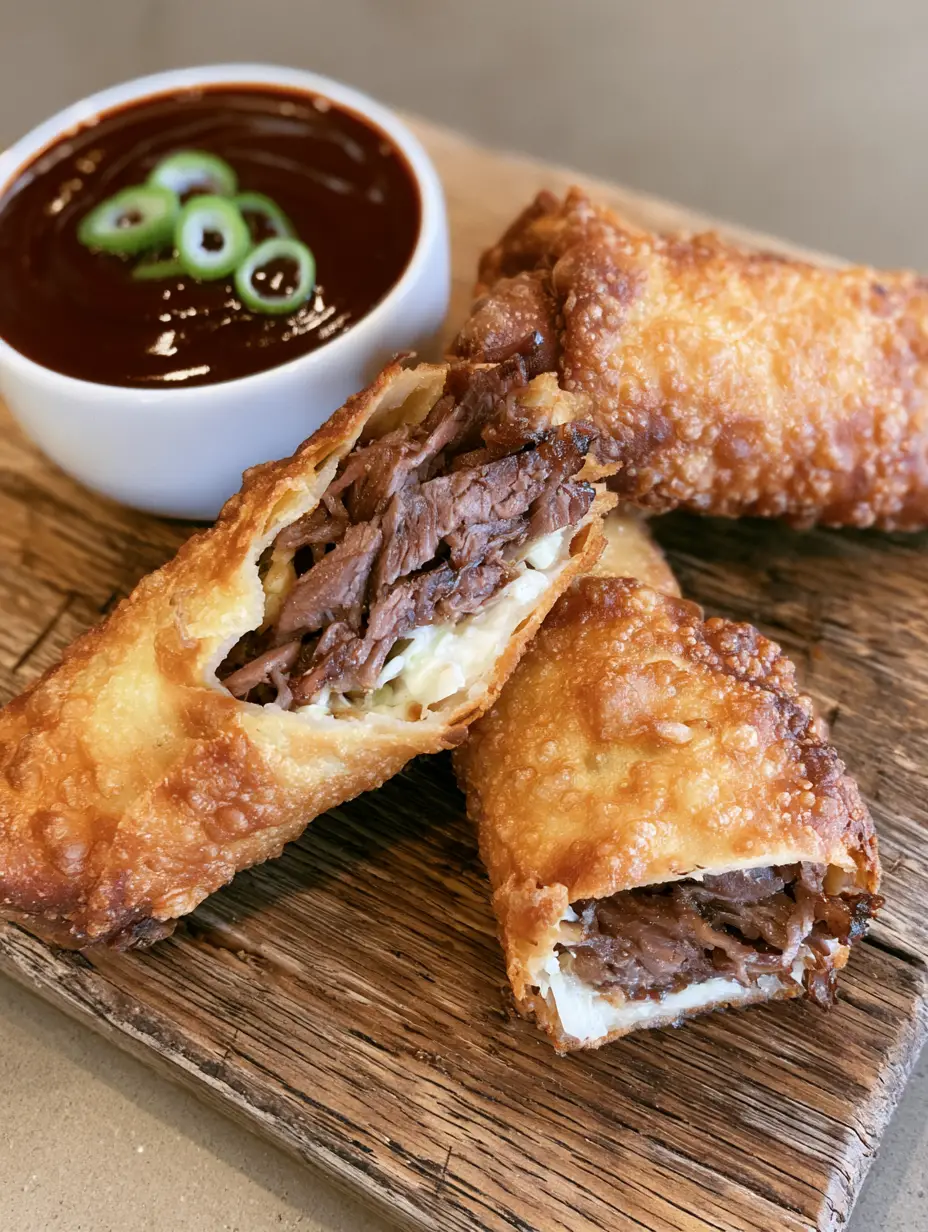 BBQ Egg Rolls: The Ultimate Crispy Smoked Brisket Appetizer 3 A smartphone photo of deep-fried bubbly BBQ Egg Rolls with visible oil glisten on a wooden board.