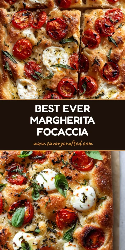 Margherita Focaccia Bread: The Ultimate Airy, Golden-Brown Italian Masterpiece 4 A close-up shot of a rectangular Margherita Focaccia Bread with deep dimples, blistered tomatoes, and melted mozzarella.