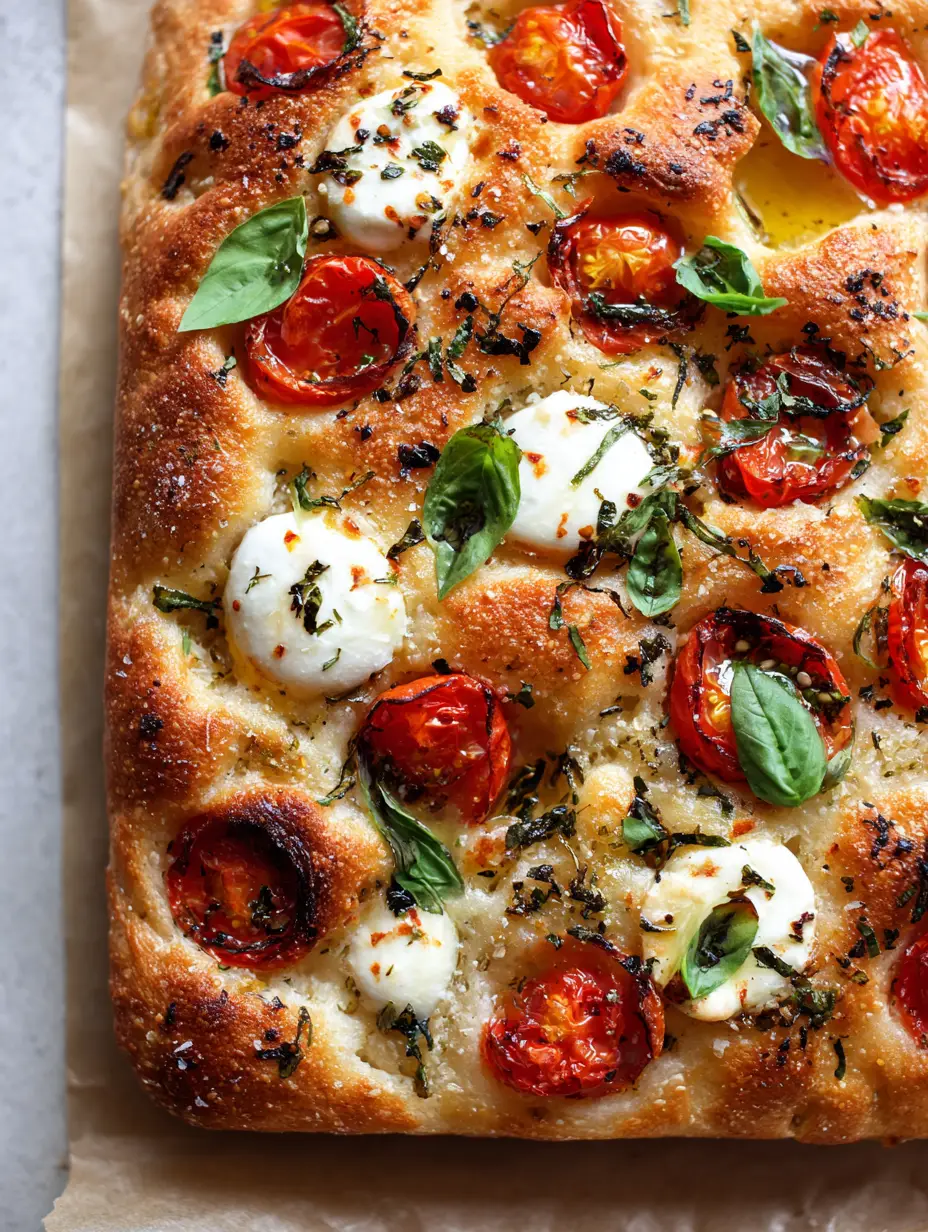 Margherita Focaccia Bread: The Ultimate Airy, Golden-Brown Italian Masterpiece 3 High-angle view of a rectangular Margherita Focaccia Bread showing golden-brown crust and fresh basil toppings.