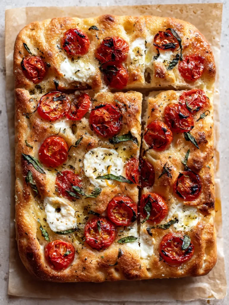 Margherita Focaccia Bread: The Ultimate Airy, Golden-Brown Italian Masterpiece 1 Close up of the airy texture and glistening olive oil dimples on a Margherita Focaccia Bread.