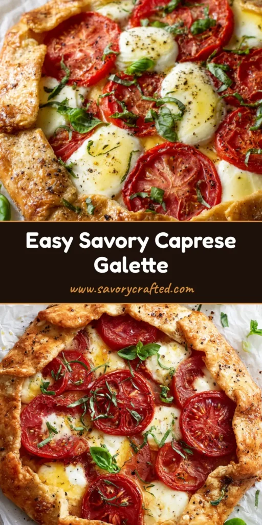 Caprese Galette with Flaky Golden Crust and Creamy Custard 4 A rustic savory Caprese Galette with concentric circles of red tomatoes and mozzarella on a golden-brown flaky crust. (Caprese Galette)