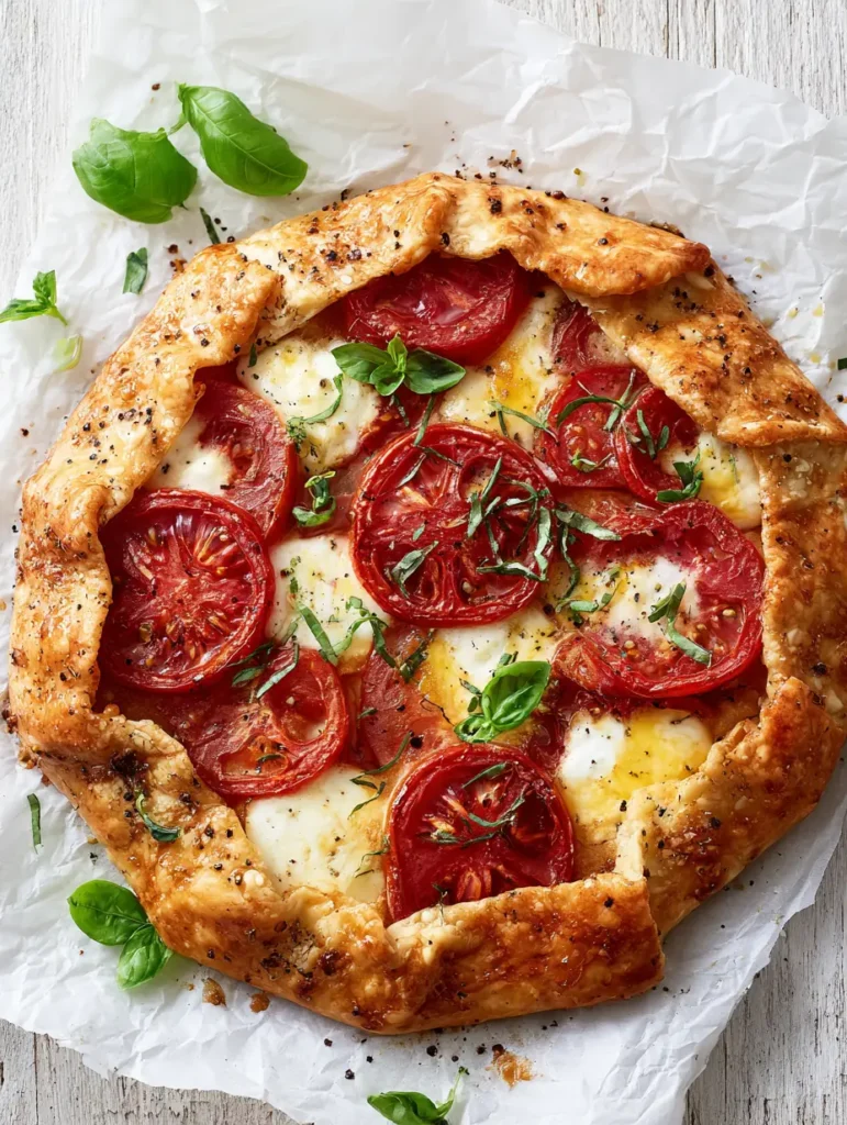 Caprese Galette with Flaky Golden Crust and Creamy Custard 2 Close up of a Caprese Galette showing the hand-pleated deeply browned pastry edges and melted mozzarella rounds. (Caprese Galette)