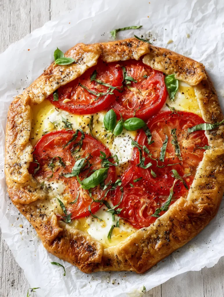 Caprese Galette with Flaky Golden Crust and Creamy Custard 1 A handheld smartphone photo of a rustic Caprese Galette resting on white parchment paper over a wooden background.