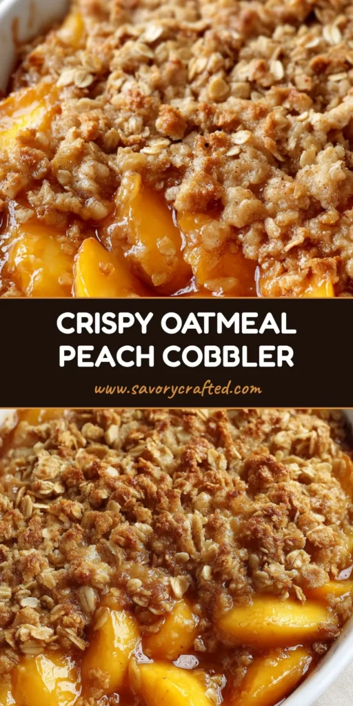 Peach Cobbler with Oatmeal Crumble: The Ultimate Golden-Brown Summer Dessert 4 A close-up of Peach Cobbler with Oatmeal Crumble in a white dish, showing bubbling peach syrup and golden-brown oat clusters.