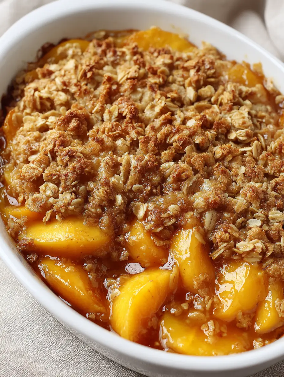 Peach Cobbler with Oatmeal Crumble: The Ultimate Golden-Brown Summer Dessert 3 Thick-cut peach slices coated in a translucent cinnamon glaze in a shallow ceramic dish. (Peach Cobbler with Oatmeal Crumble)