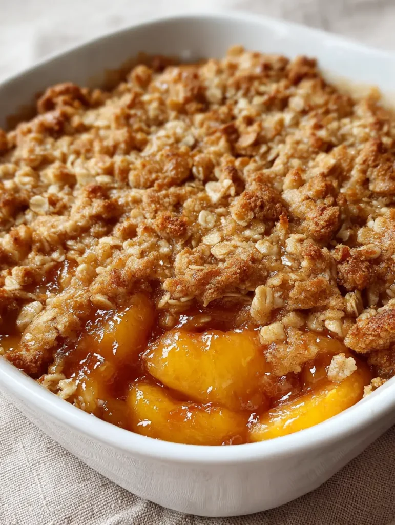 Peach Cobbler with Oatmeal Crumble: The Ultimate Golden-Brown Summer Dessert 1 A heavy layer of golden-brown oatmeal crumble clusters on top of bubbling peaches. (Peach Cobbler with Oatmeal Crumble)